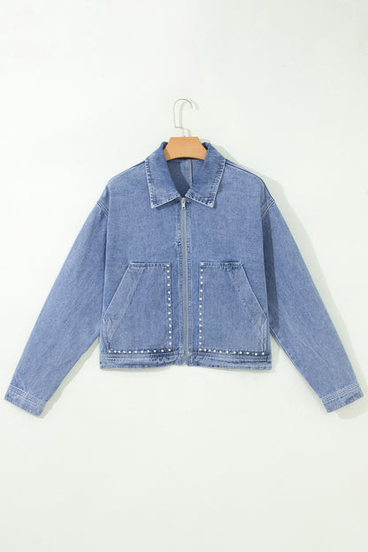 Beau Blue Studded Zip-Up Denim Jacket