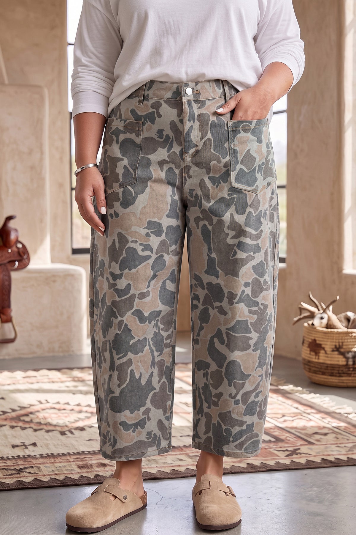 Plus Size Camo Barrel Jeans