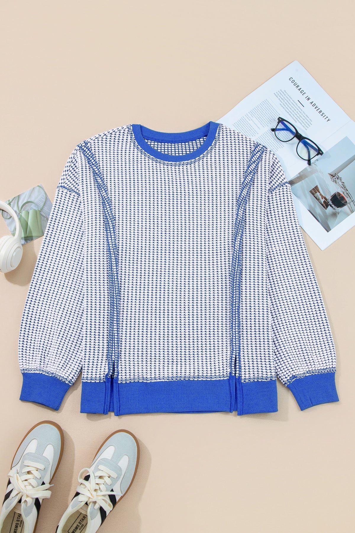 Waffle-Knit Exposed-Seam Side-Slit Top