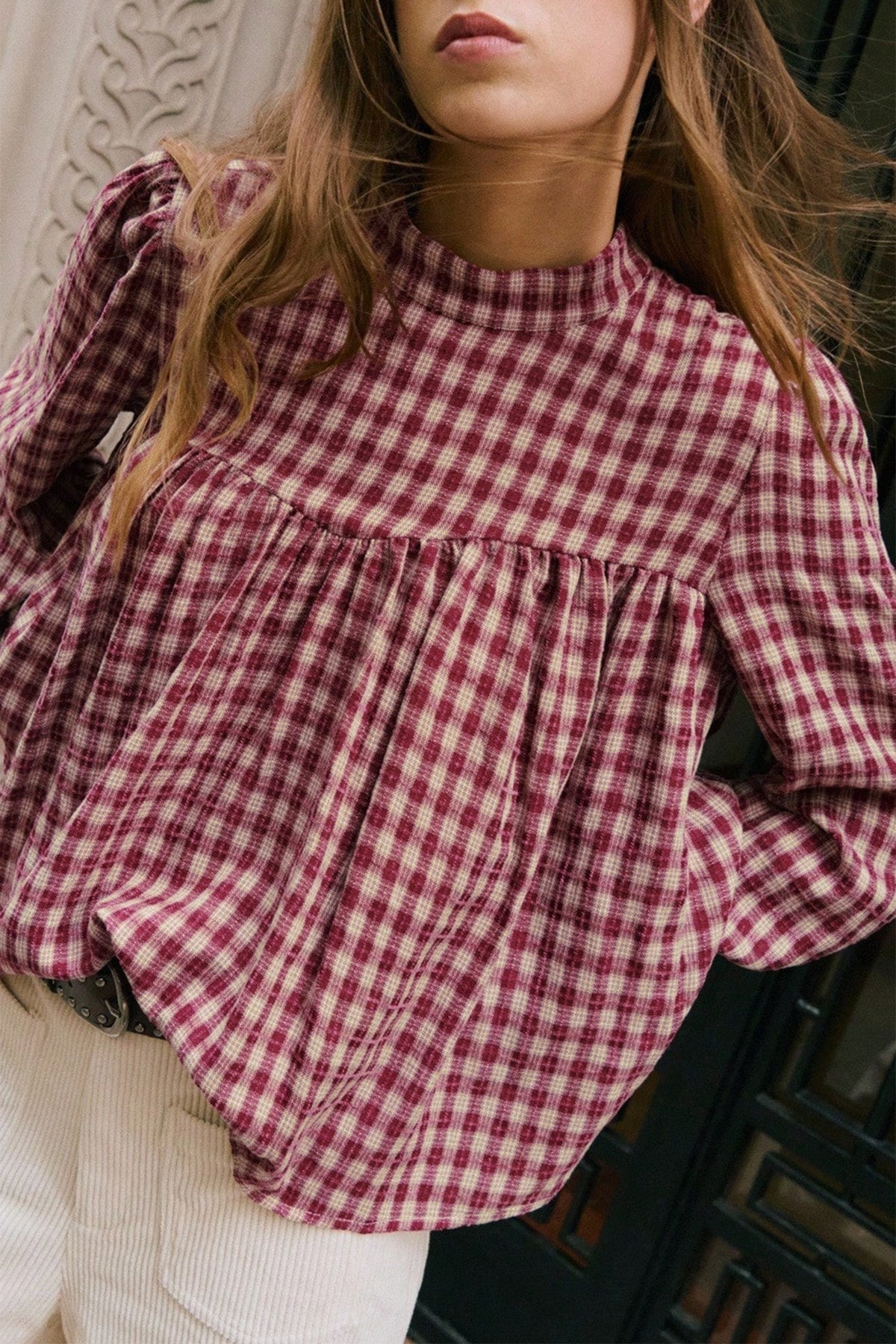 Plaid Keyhole Pleated Blouse