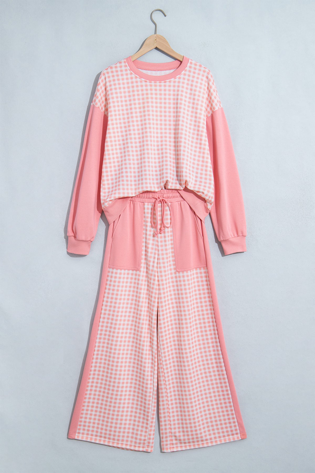 Red Color Block Plaid Patchwork Long Sleeve Pullover Wide Leg Pant Set