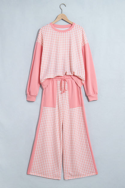 Red Color Block Plaid Patchwork Long Sleeve Pullover Wide Leg Pant Set