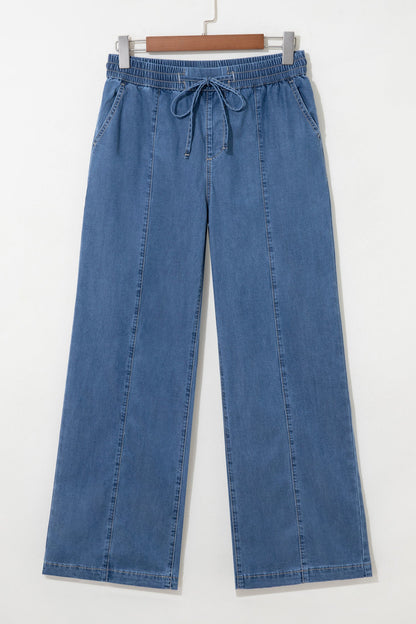 Solid Exposed Seam Drawstring Waist Wide Leg Jeans
