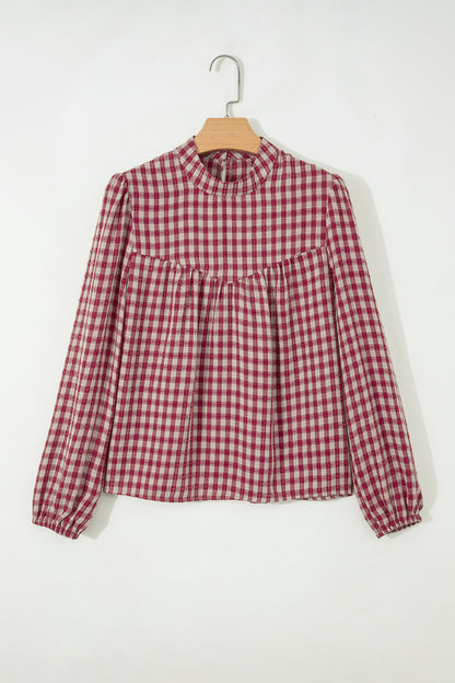 Plaid Keyhole Pleated Blouse