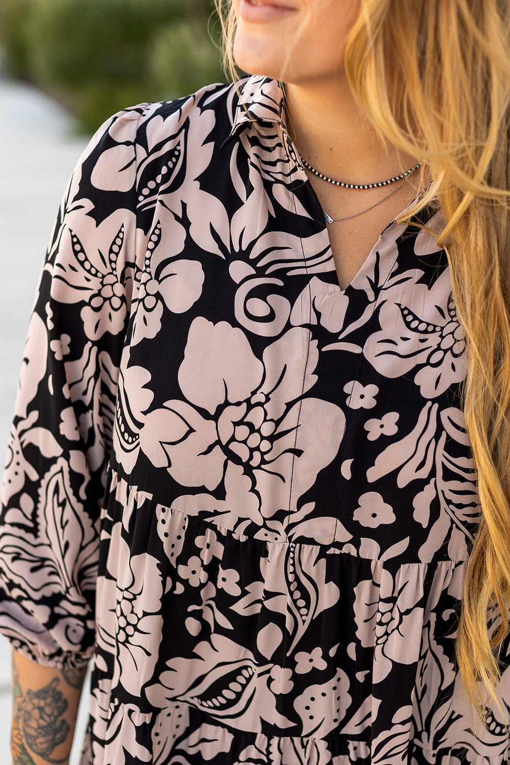Black Floral Puff-Sleeve Maxi Dress