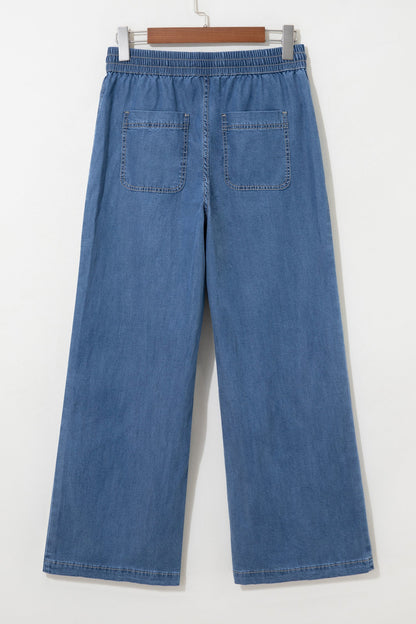 Solid Exposed Seam Drawstring Waist Wide Leg Jeans