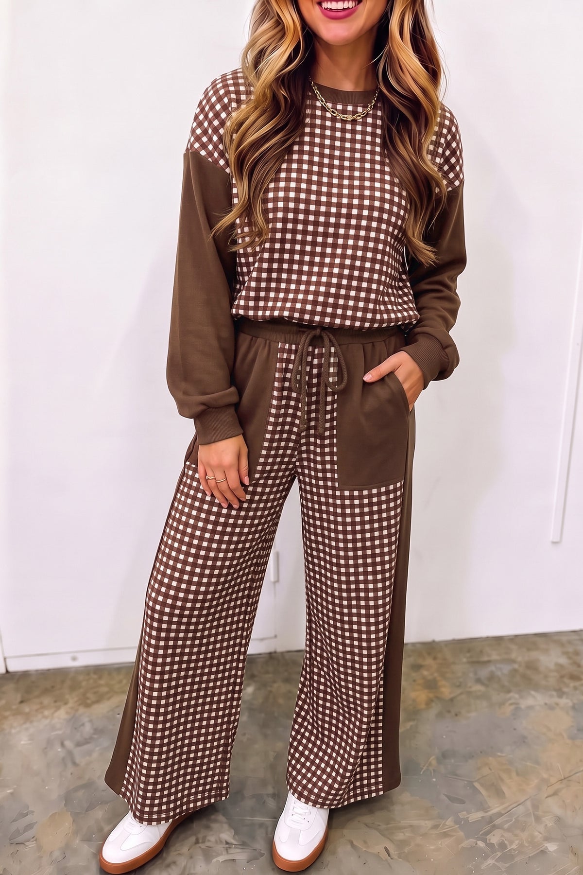 Red Color Block Plaid Patchwork Long Sleeve Pullover Wide Leg Pant Set