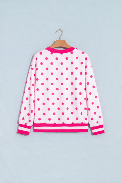 Polka Dot Colorblock Trim Round Neck Sweatshirt