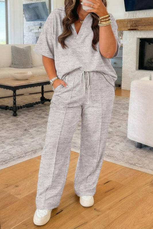V-Neck Polo Top & Drawstring Pants Set