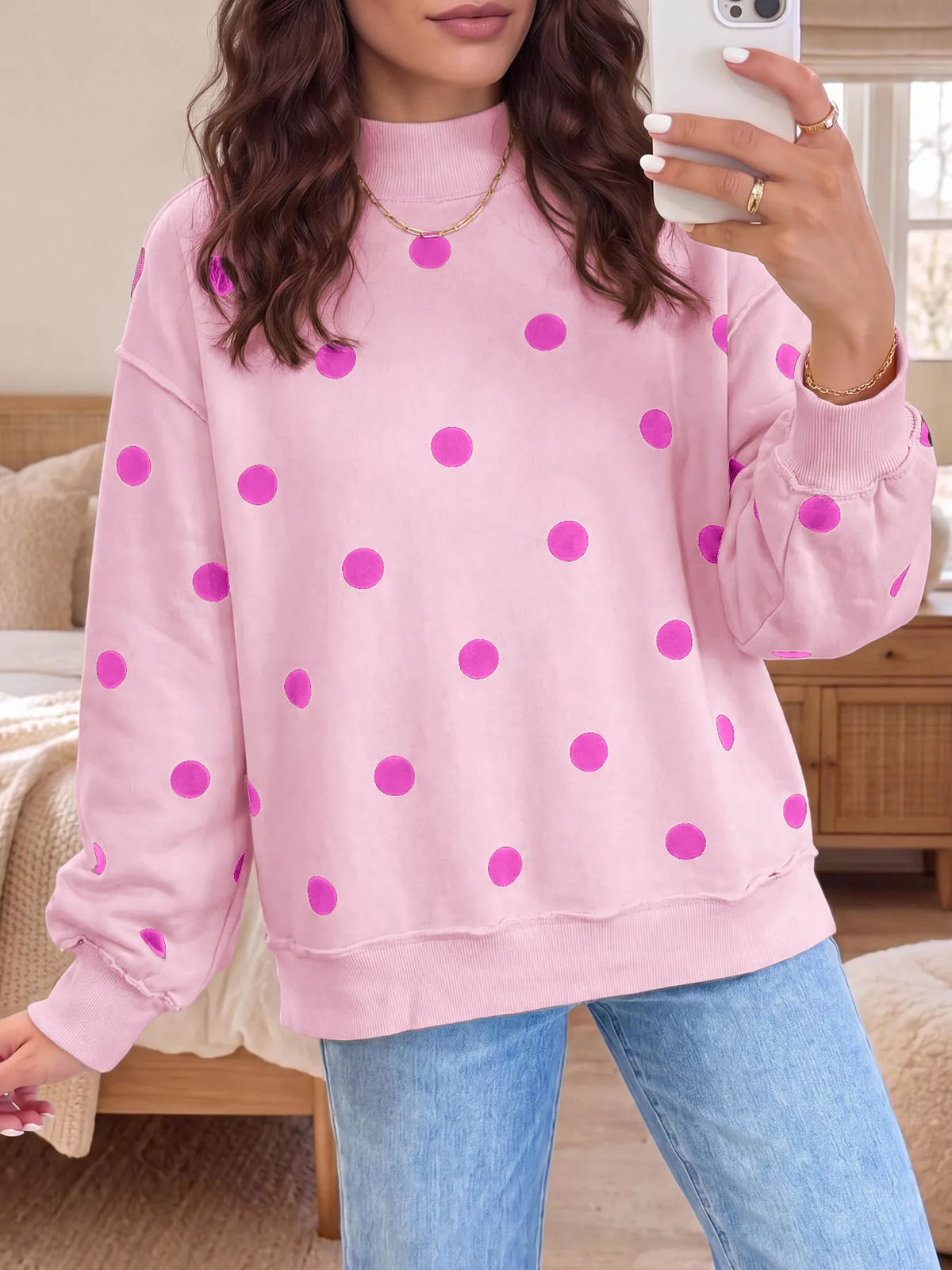 Pink Polka Dot Mock Neck Sweatshirt — product view