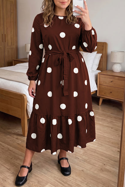 Brown Polka Dot Tie-Waist Dress