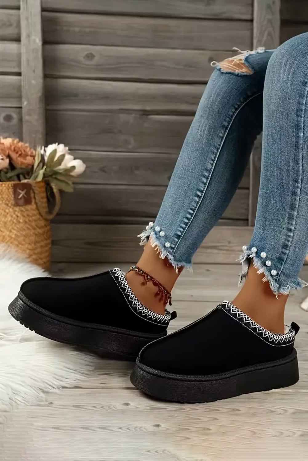 Hearthside Faux Suede Embroidered Platform Slippers