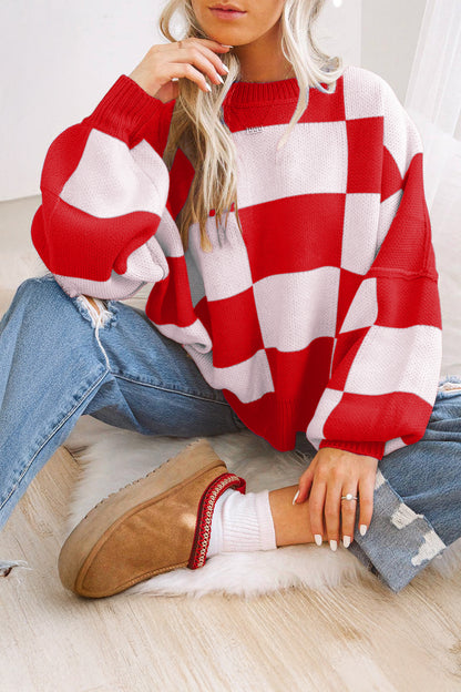 Cedar Checkered Bishop Sleeve Sweater