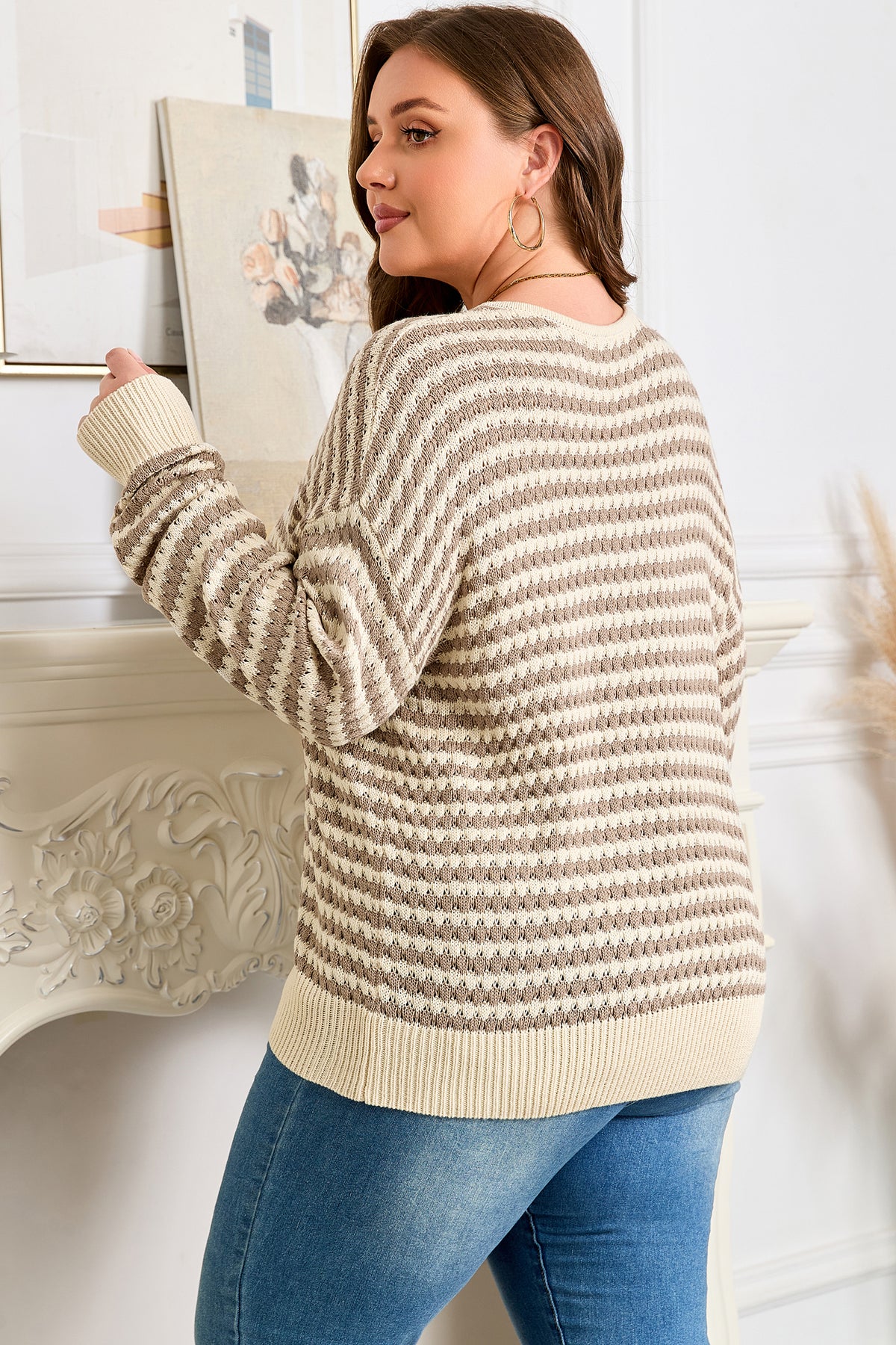 Khaki Stripe V-Neck Sweater