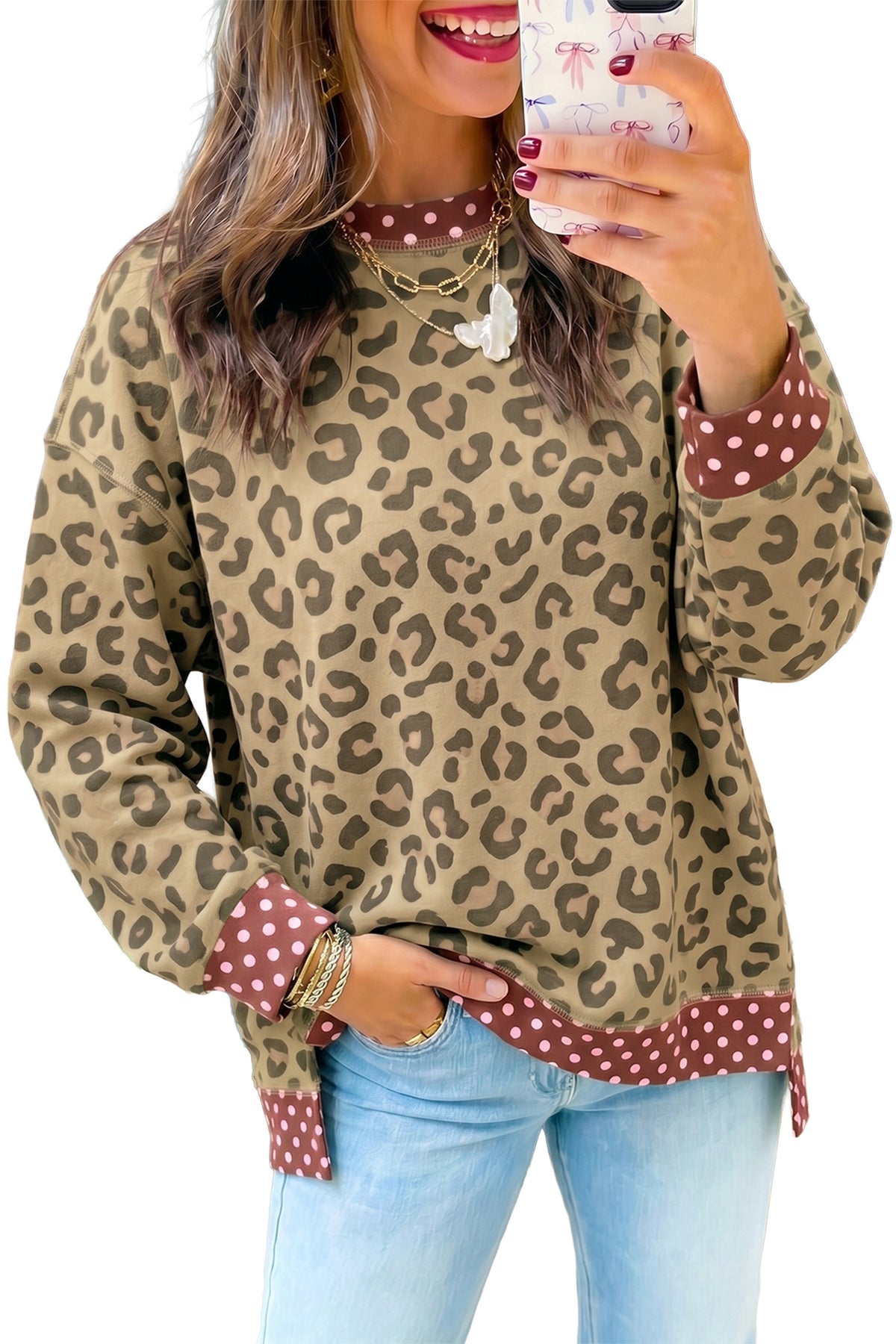 Leopard Polka Dot Colorblock Trim Long Sleeve Top