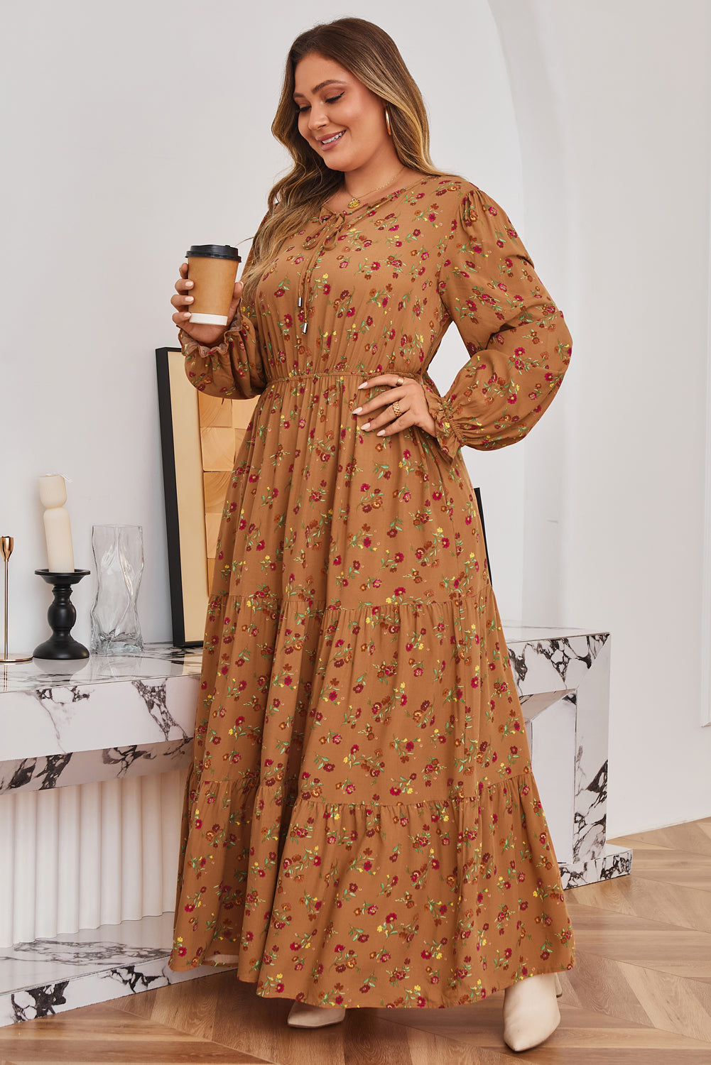 Brown Floral Tiered Maxi Dress