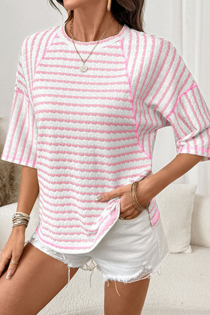 Textured Knit Split Hem Half Sleeve Loose Top