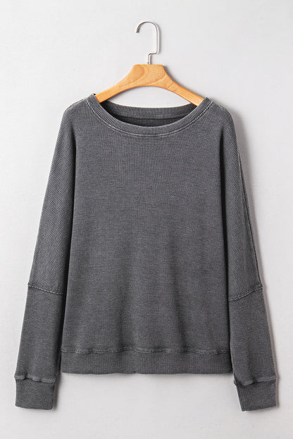 Waffle Knit Patchwork Long Sleeve Loose Top