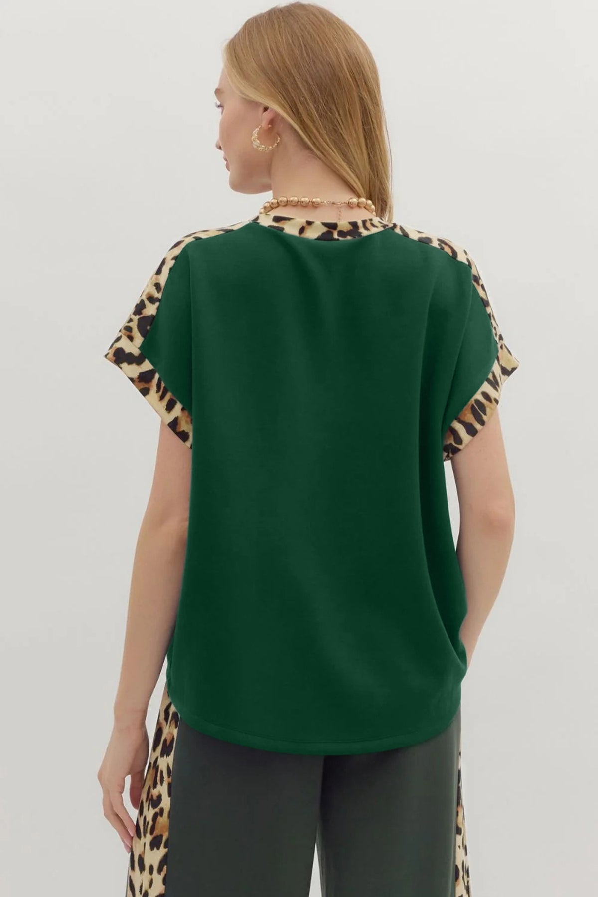 Leopard Trim Round Neck Loose T Shirt