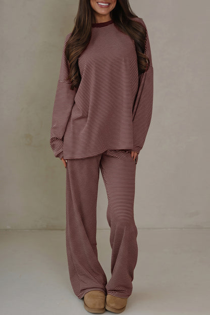 Blue Stripe Contrast Trim Round Neck Oversize Long Sleeve Top 2pcs Pant Set