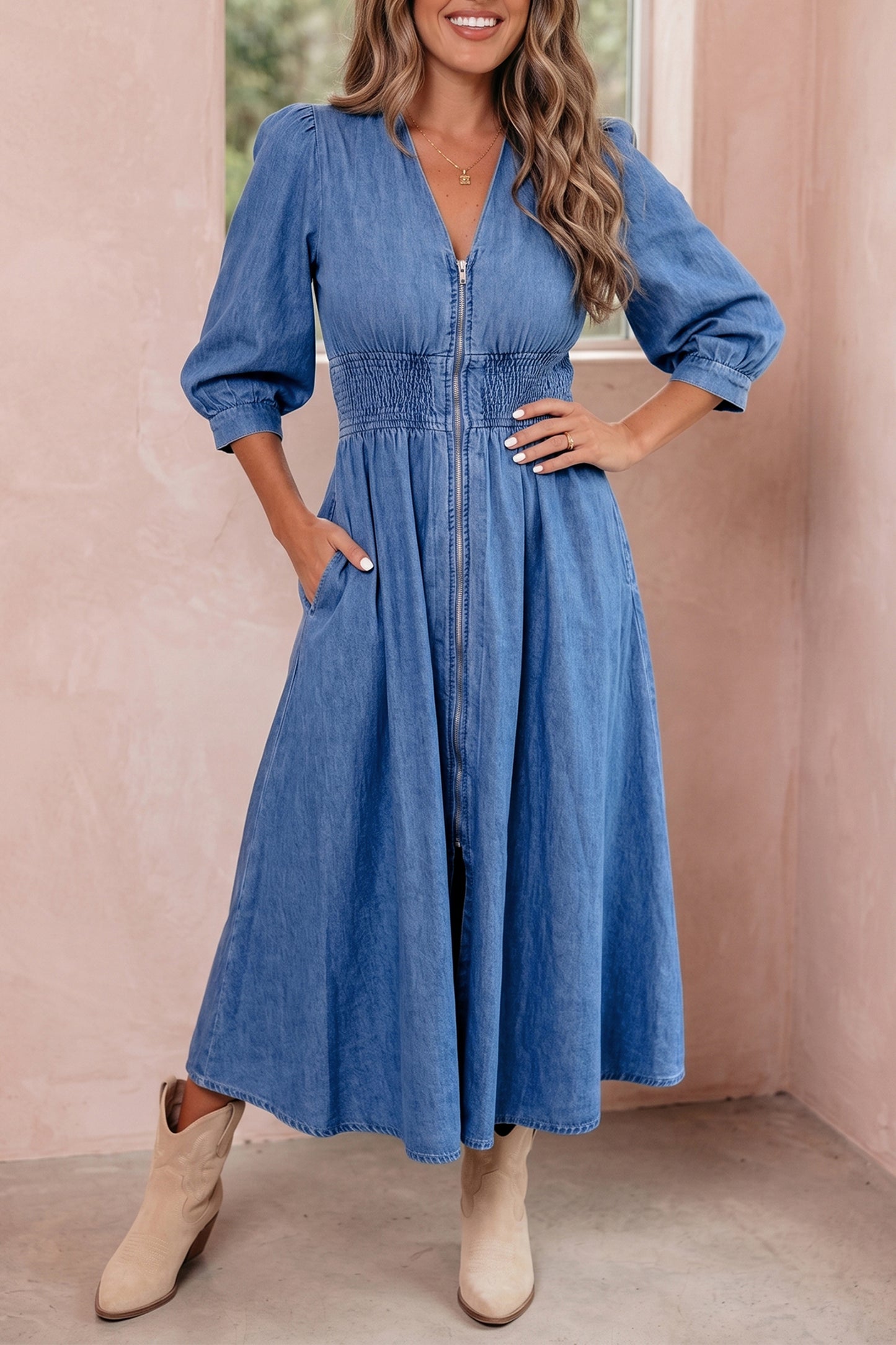 Riverbend Denim Puff Sleeve Midi Dress