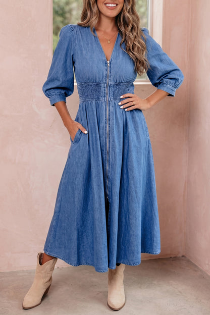 Riverbend Denim Puff Sleeve Midi Dress