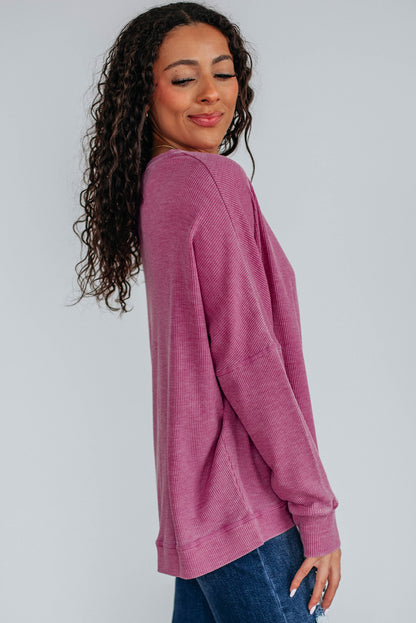 Waffle Knit Patchwork Long Sleeve Loose Top