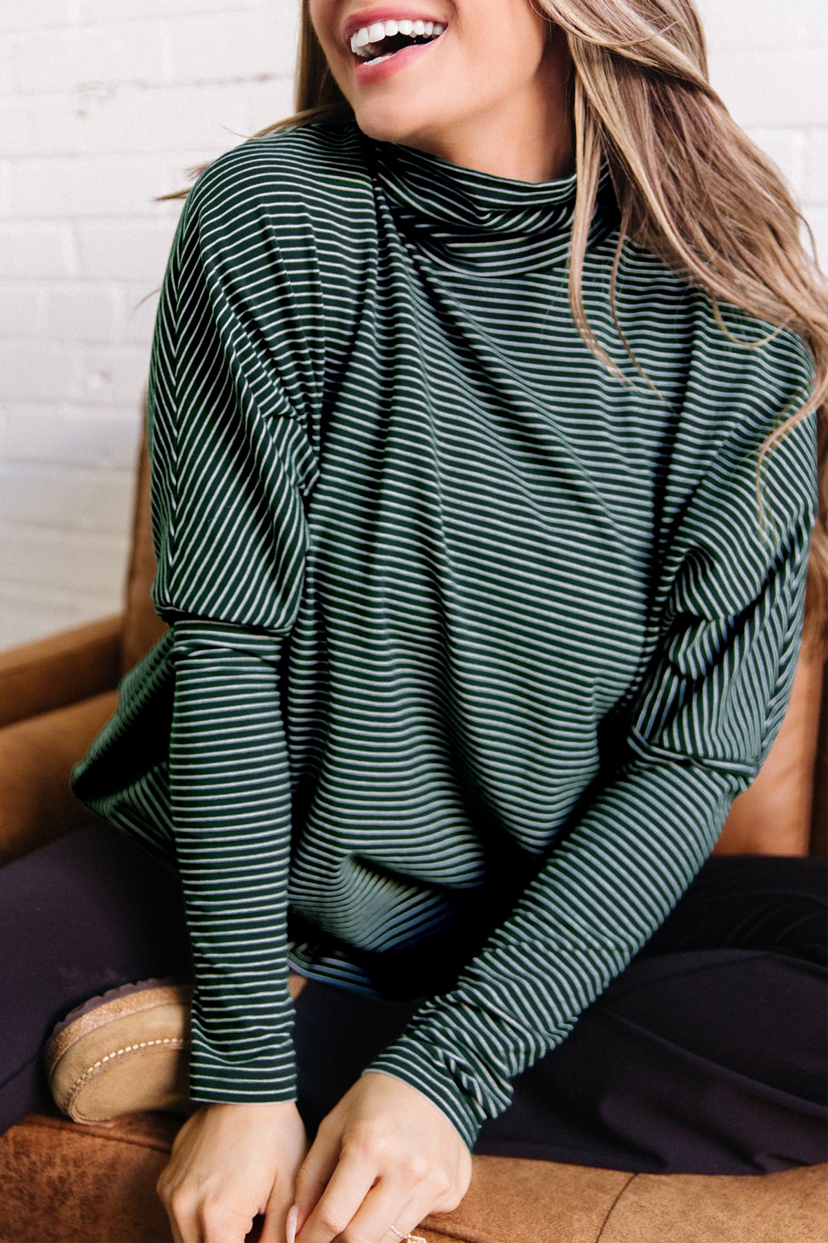 Striped High-Neck Drop-Shoulder Top
