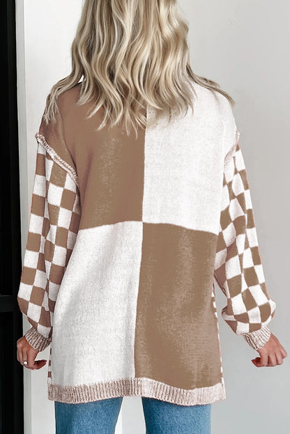 Checkered Bubble-Sleeve Cardigan