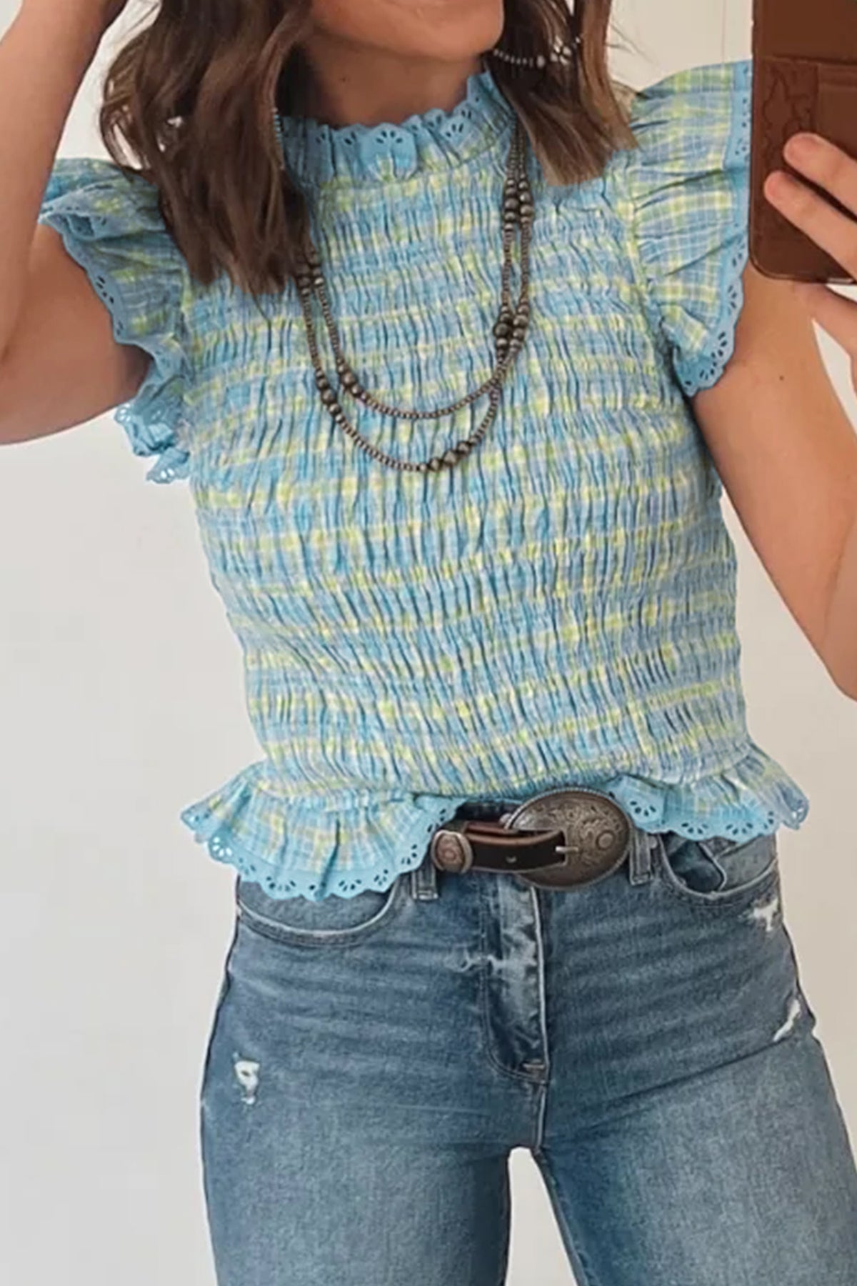 Gingham Lace-Trim Tank