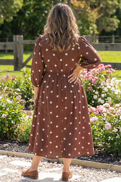 Brown Polka Dot Pocket Midi Dress