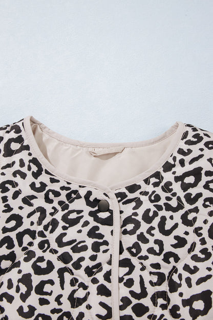 Leopard Patch Pocket Quilted Button Up Jacket