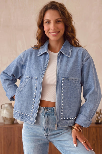 Beau Blue Studded Zip-Up Denim Jacket