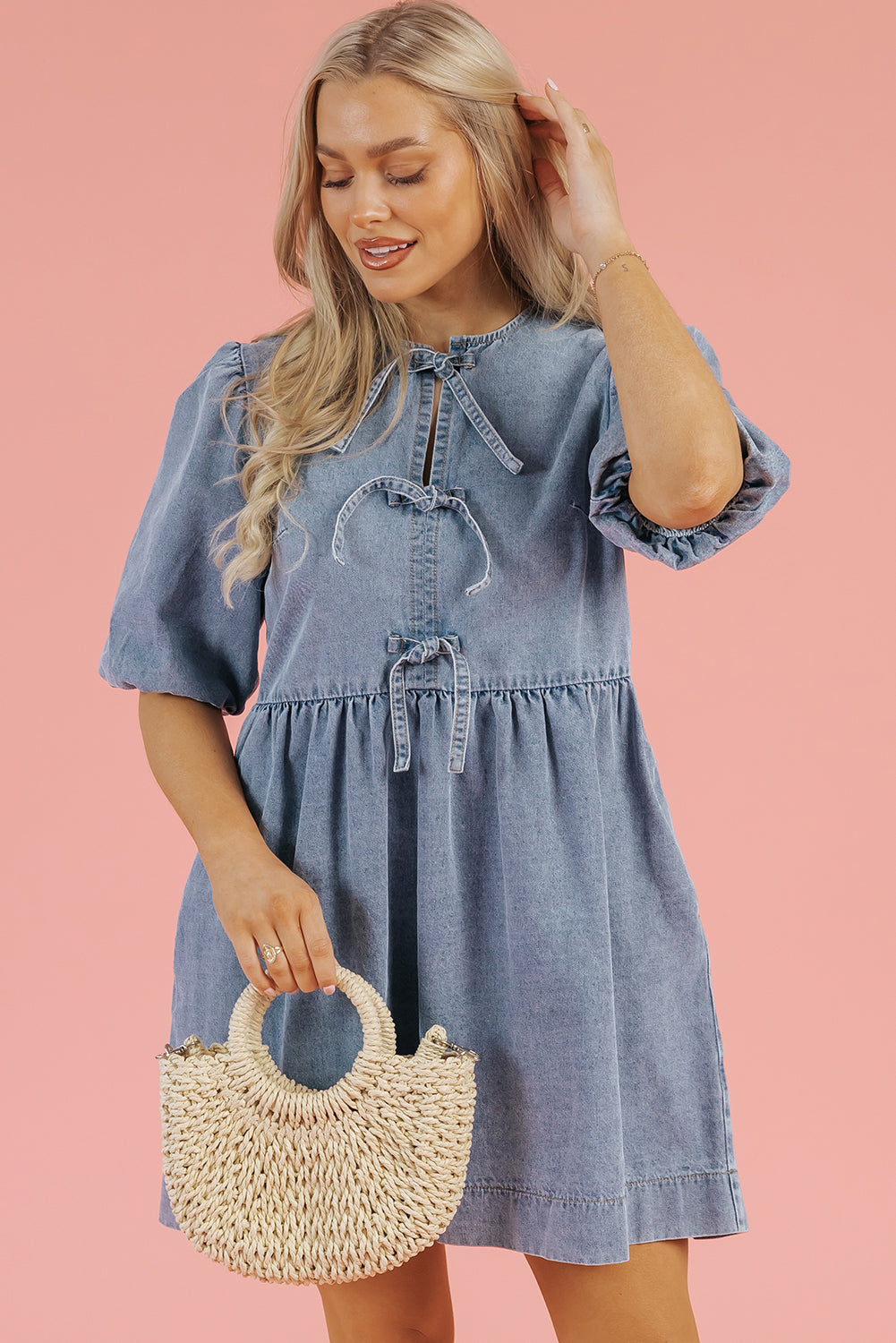 Bluebell Denim Bow Puff Sleeve Mini Dress
