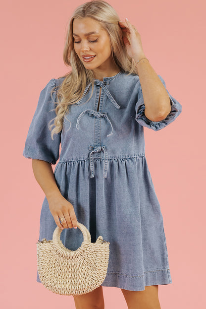 Bluebell Denim Bow Puff Sleeve Mini Dress