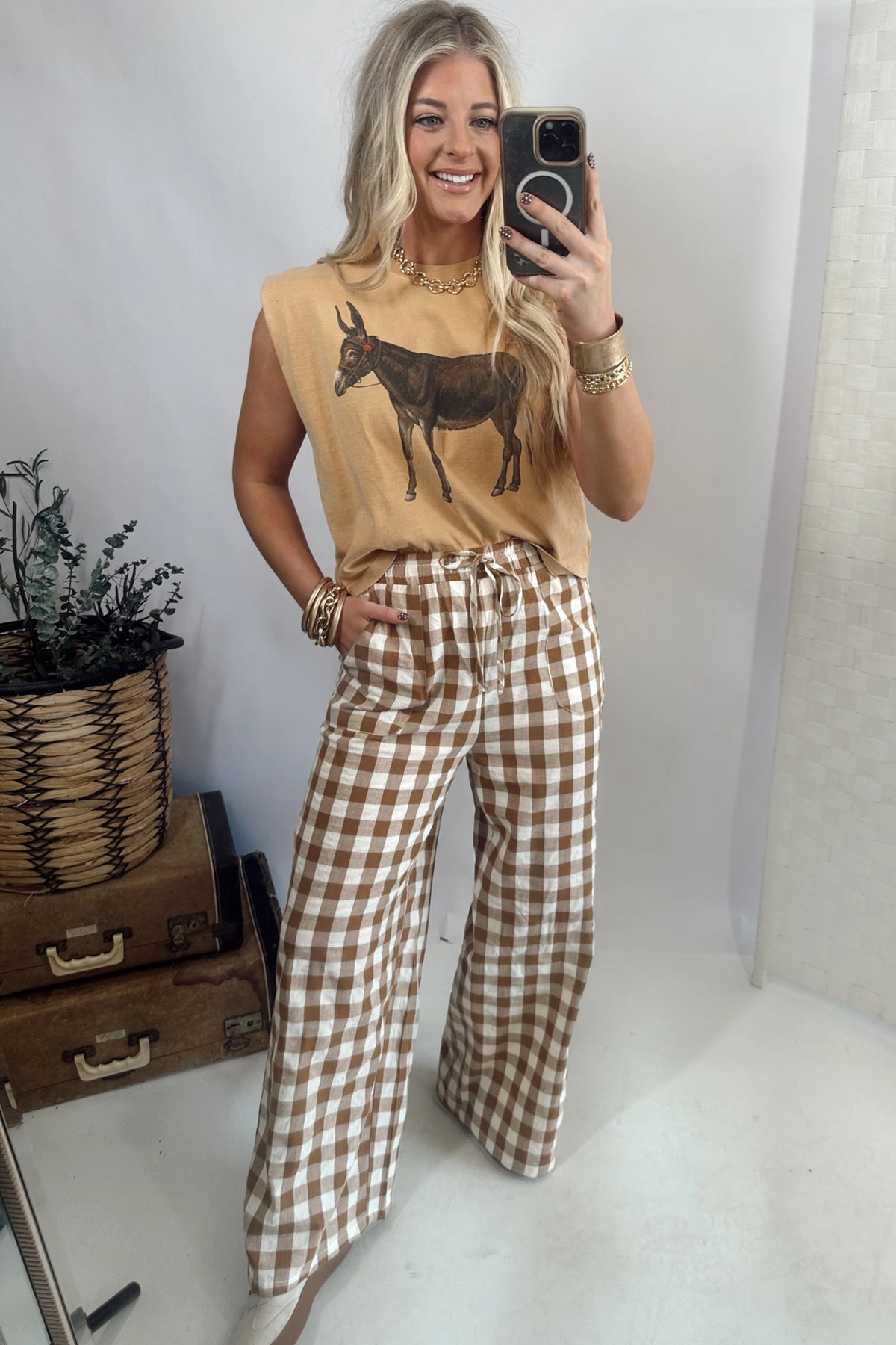 Gingham Plaid Tie-Waist Pants