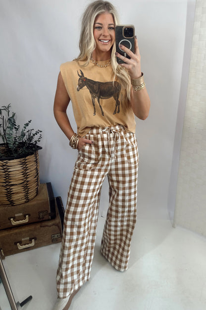 Gingham Plaid Tie-Waist Pants