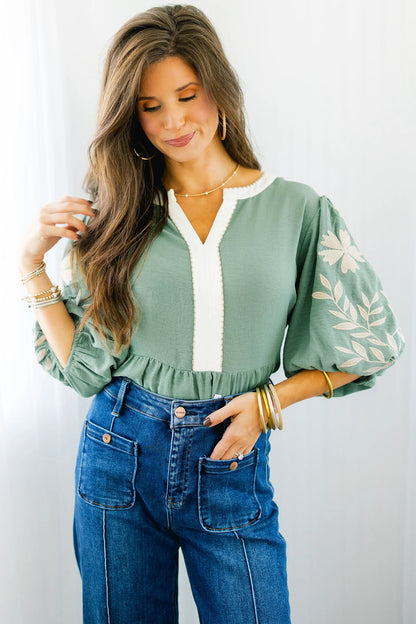 Embroidered Puff-Sleeve Babydoll Blouse