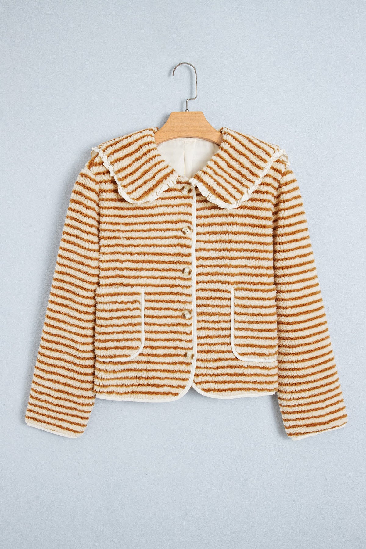 Brown Stripe Ruffle Collar Fleece Jacket