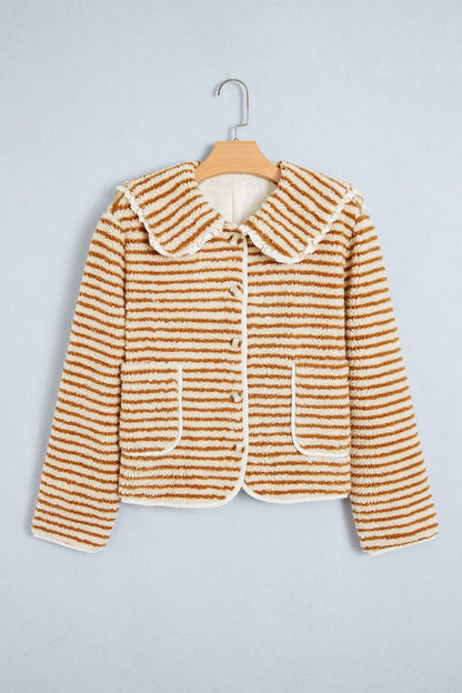 Brown Stripe Ruffle Collar Fleece Jacket
