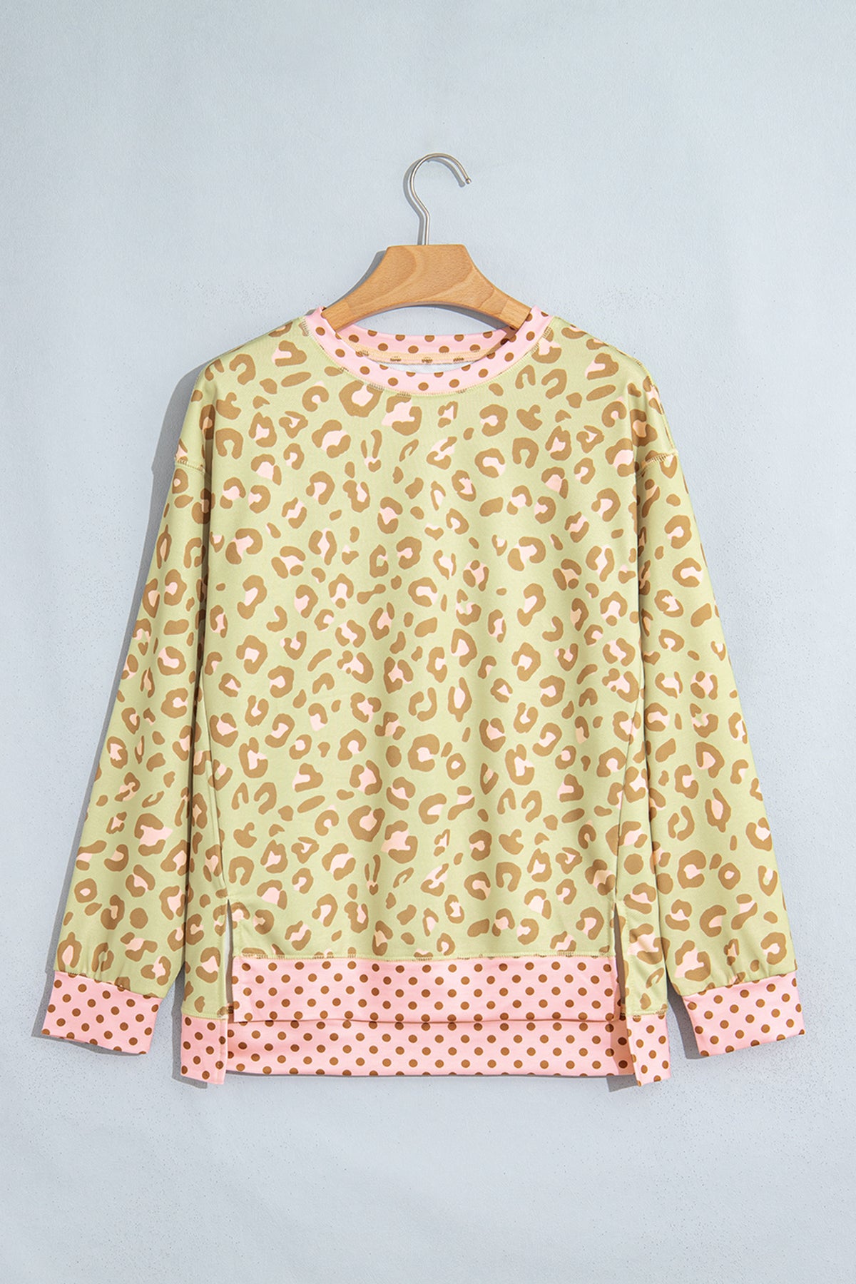 Leopard Polka Dot Colorblock Trim Long Sleeve Top