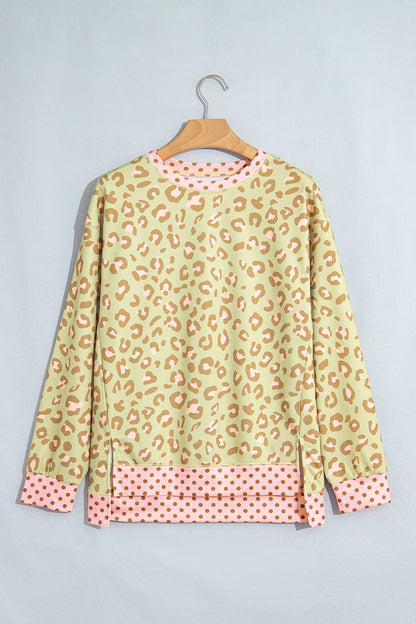 Leopard Polka Dot Colorblock Trim Long Sleeve Top