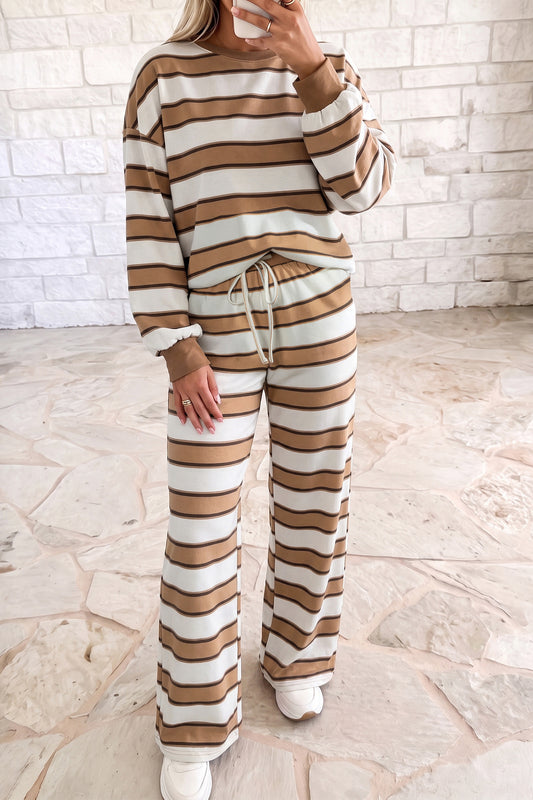 Khaki Stripe Contrast-Trim Pant Set