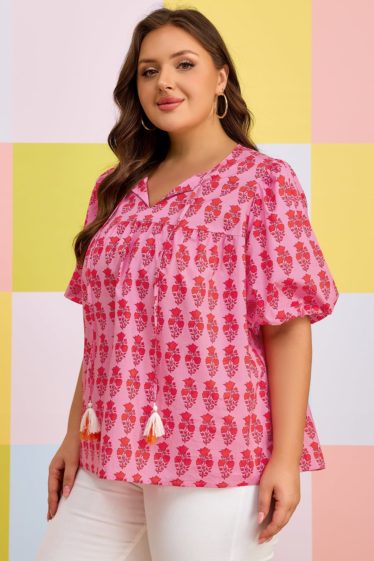 Pink Floral Tassel-Tie Blouse