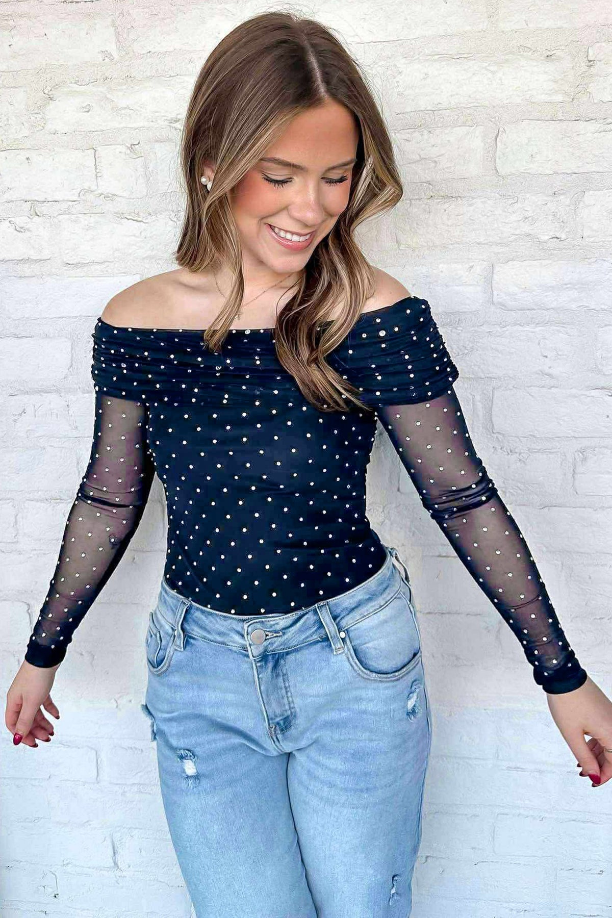 Off-Shoulder Polka Dot Mesh Top