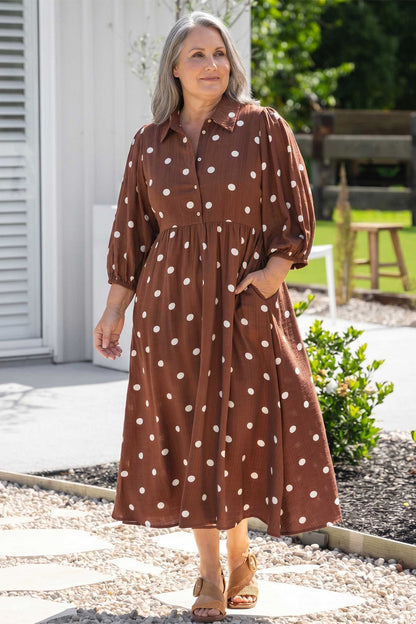 Brown Polka Dot Pocket Midi Dress