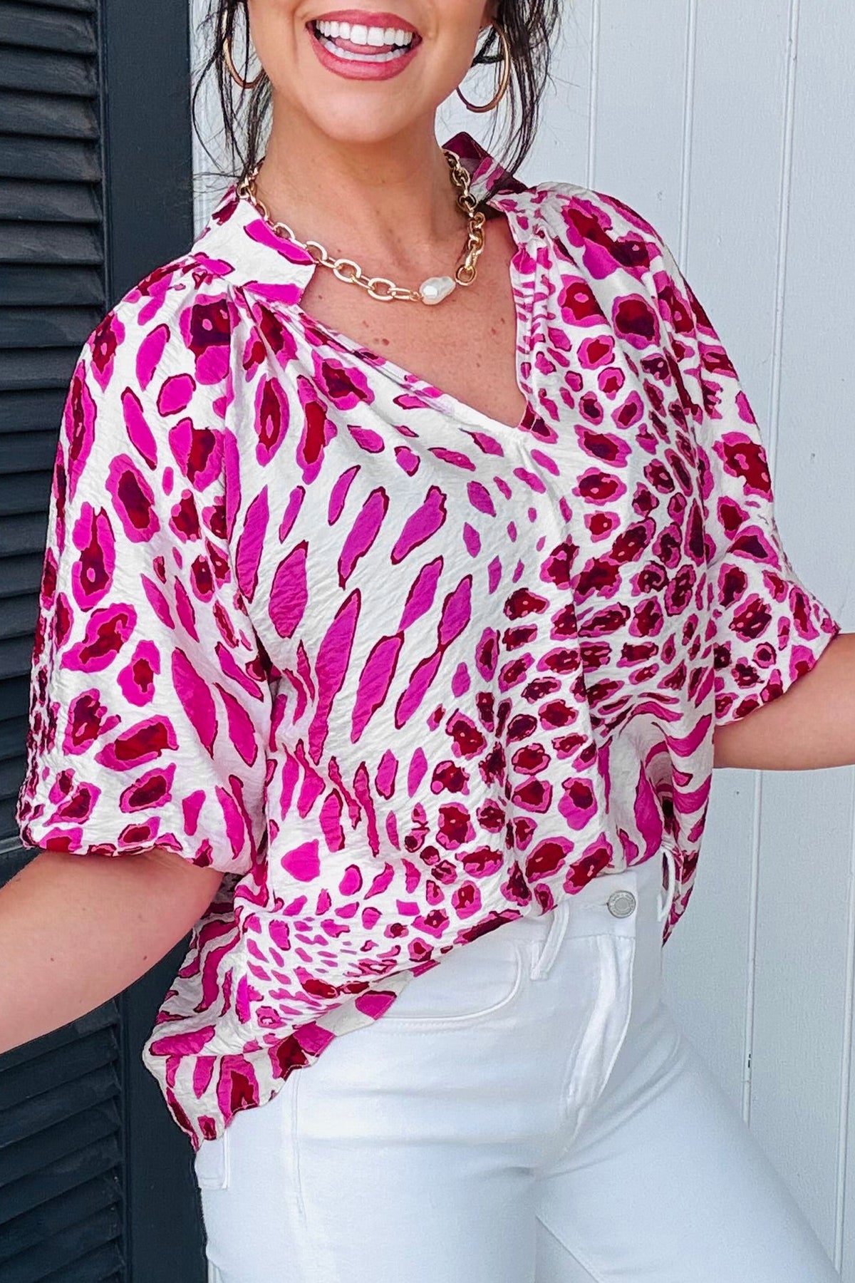 Leopard Puff-Sleeve V-Neck Blouse