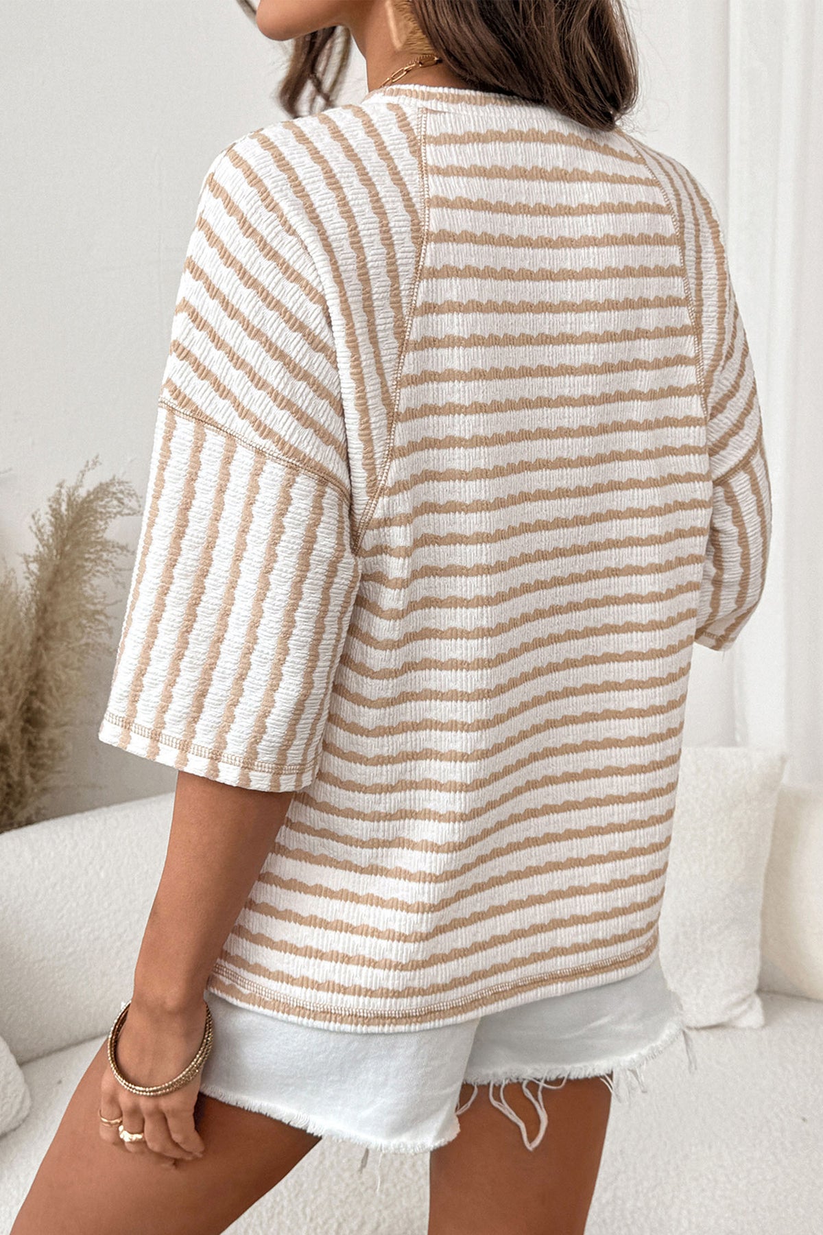 Textured Knit Split Hem Half Sleeve Loose Top