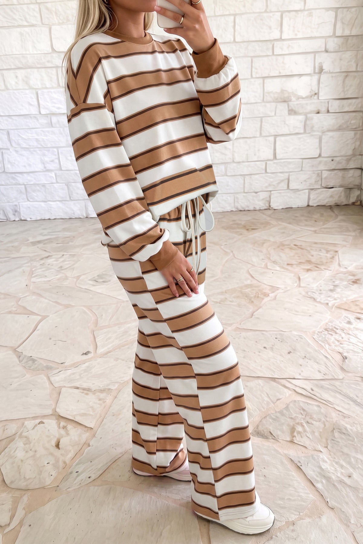 Khaki Stripe Contrast-Trim Pant Set