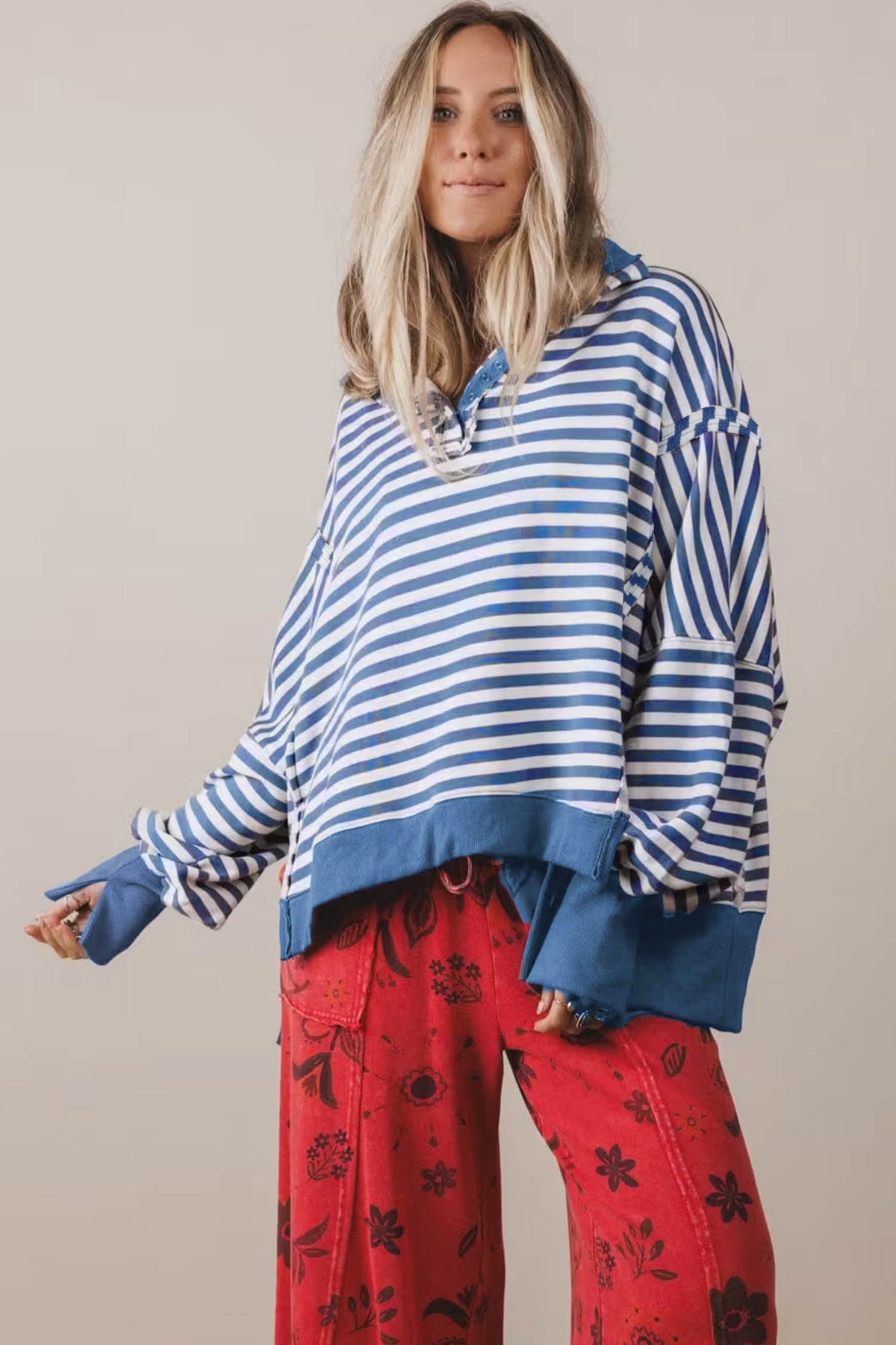 Stripe Raw Seam Pullover Sweatshirt